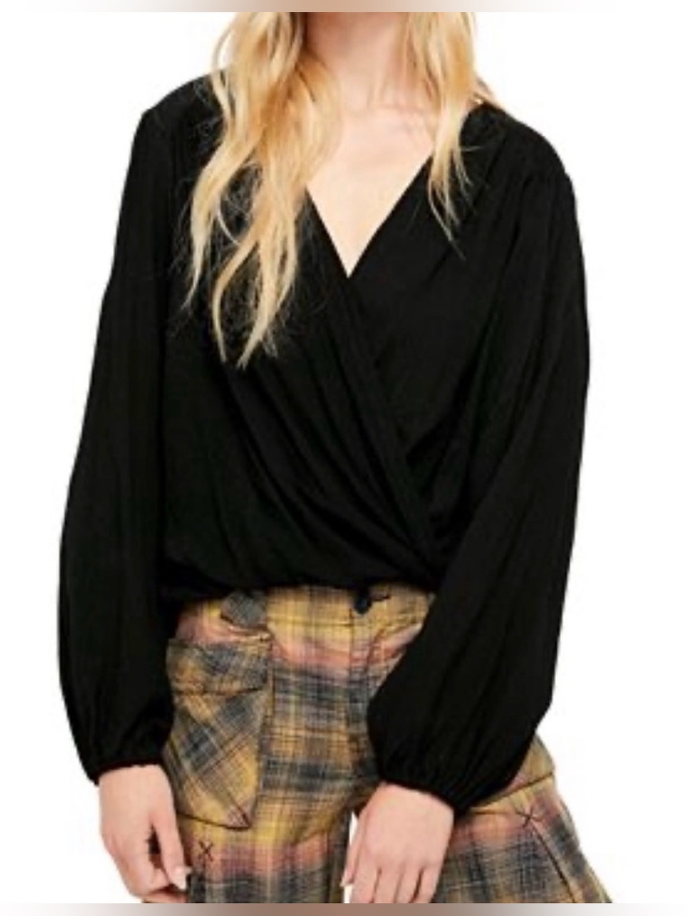 EUC- Free People ‘Check On It’ Gauze Surplice Long Sleeve Top